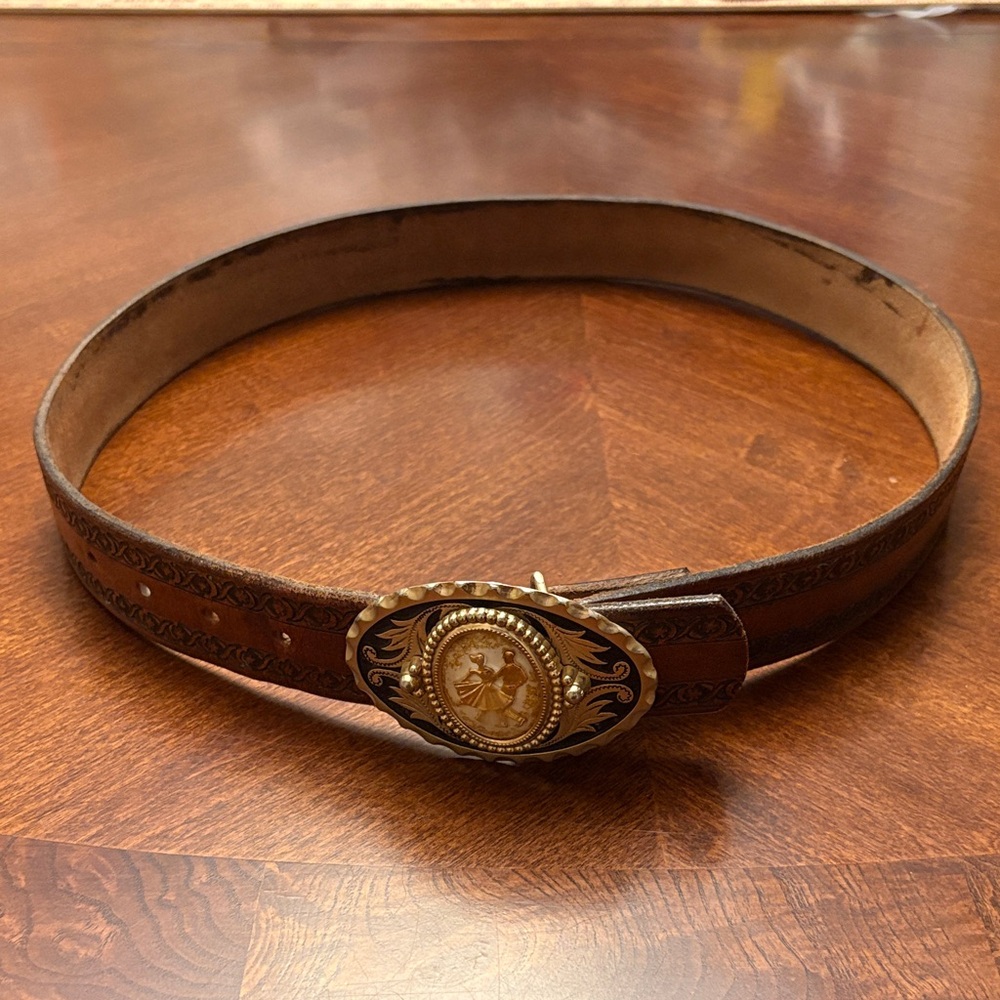 Hand Crafted Leather Belt with Detailed Gold Buckle Artisan Made and Unique